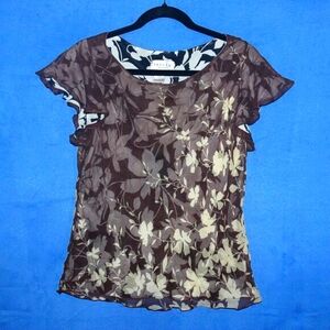 Papell Petites Brown Floral Print Silk Blouse 14P
